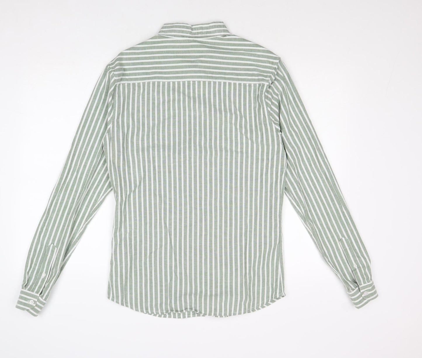 Boohoo Mens Green Striped Polyester Button-Up Size M Collared Button