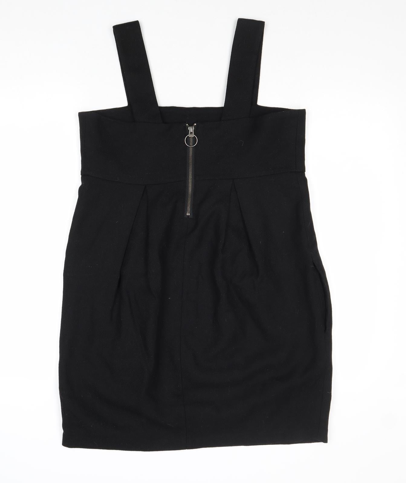 H&M Womens Black Wool Pinafore/Dungaree Dress Size 10 Square Neck Zip