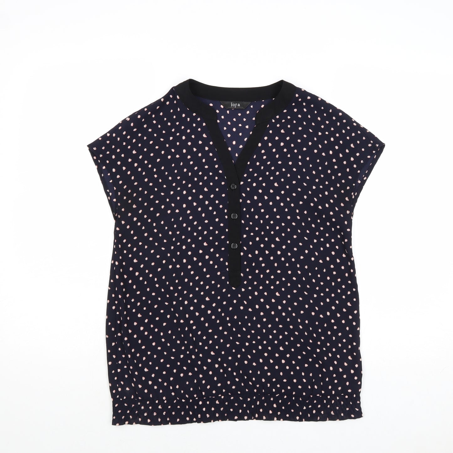 Iora Womens Blue Polka Dot Polyester Basic Blouse Size S V-Neck