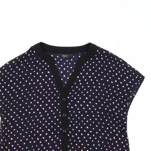 Iora Womens Blue Polka Dot Polyester Basic Blouse Size S V-Neck