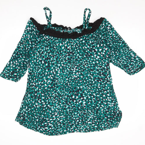 Capsule Womens Green Geometric Cotton Basic Blouse Size 20 Round Neck - Cold Shoulder