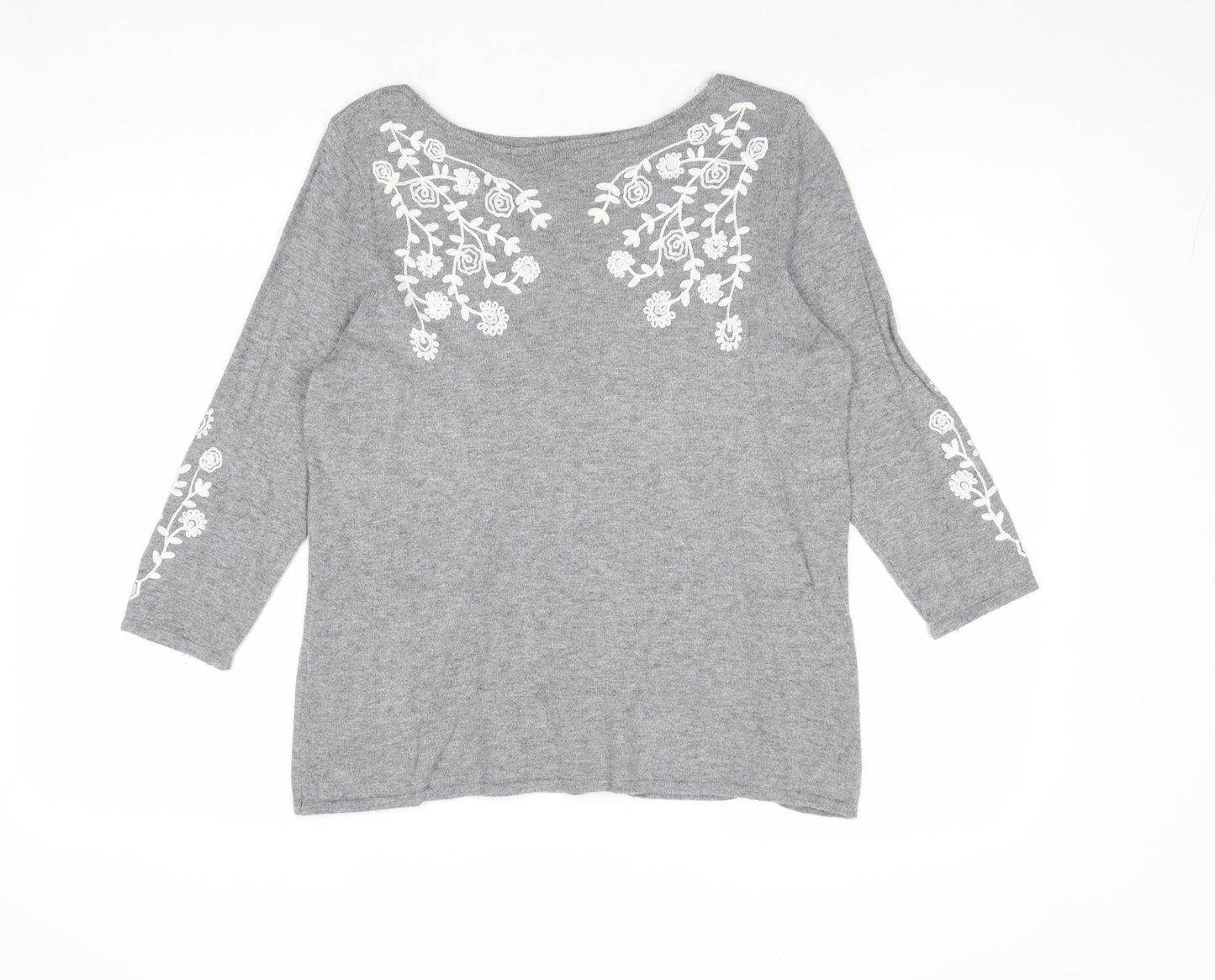 Bonmarché Womens Grey Round Neck Floral Viscose Pullover Jumper Size 12 - Size 12-14