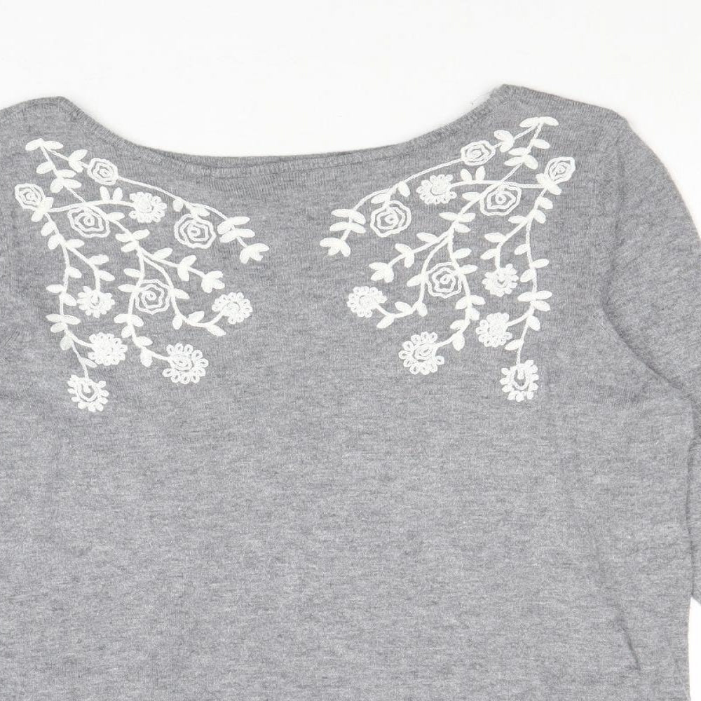 Bonmarché Womens Grey Round Neck Floral Viscose Pullover Jumper Size 12 - Size 12-14