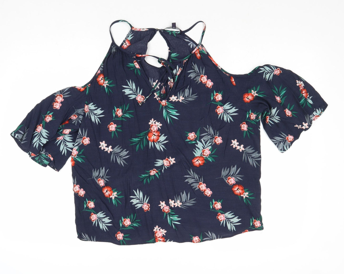 Marks and Spencer Womens Blue Floral Viscose Basic Blouse Size 14 Round Neck - Cold Shoulder