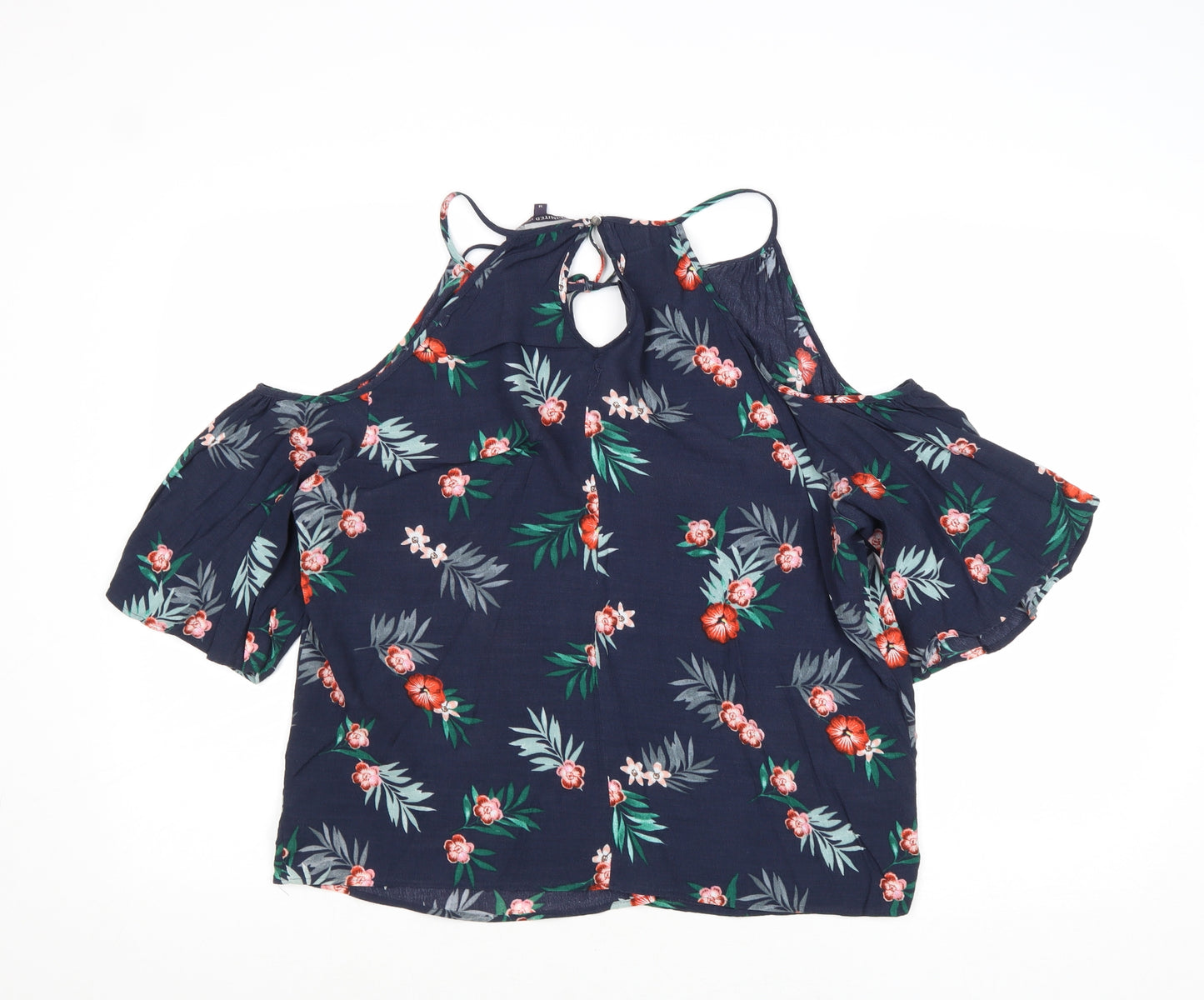 Marks and Spencer Womens Blue Floral Viscose Basic Blouse Size 14 Round Neck - Cold Shoulder