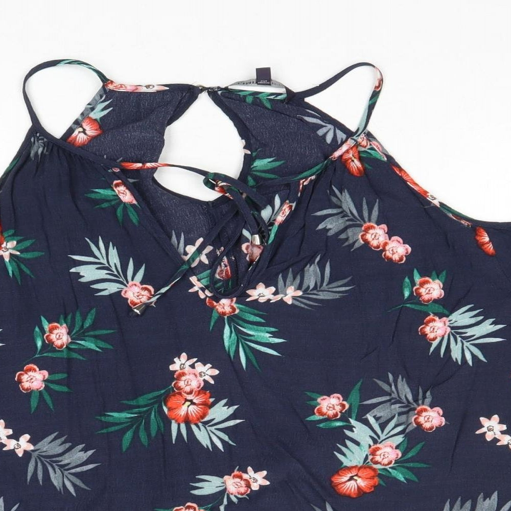 Marks and Spencer Womens Blue Floral Viscose Basic Blouse Size 14 Round Neck - Cold Shoulder