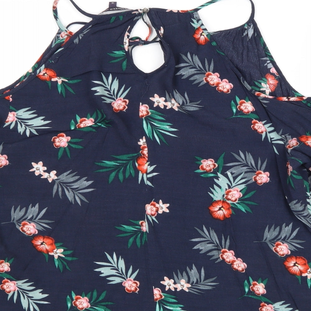Marks and Spencer Womens Blue Floral Viscose Basic Blouse Size 14 Round Neck - Cold Shoulder