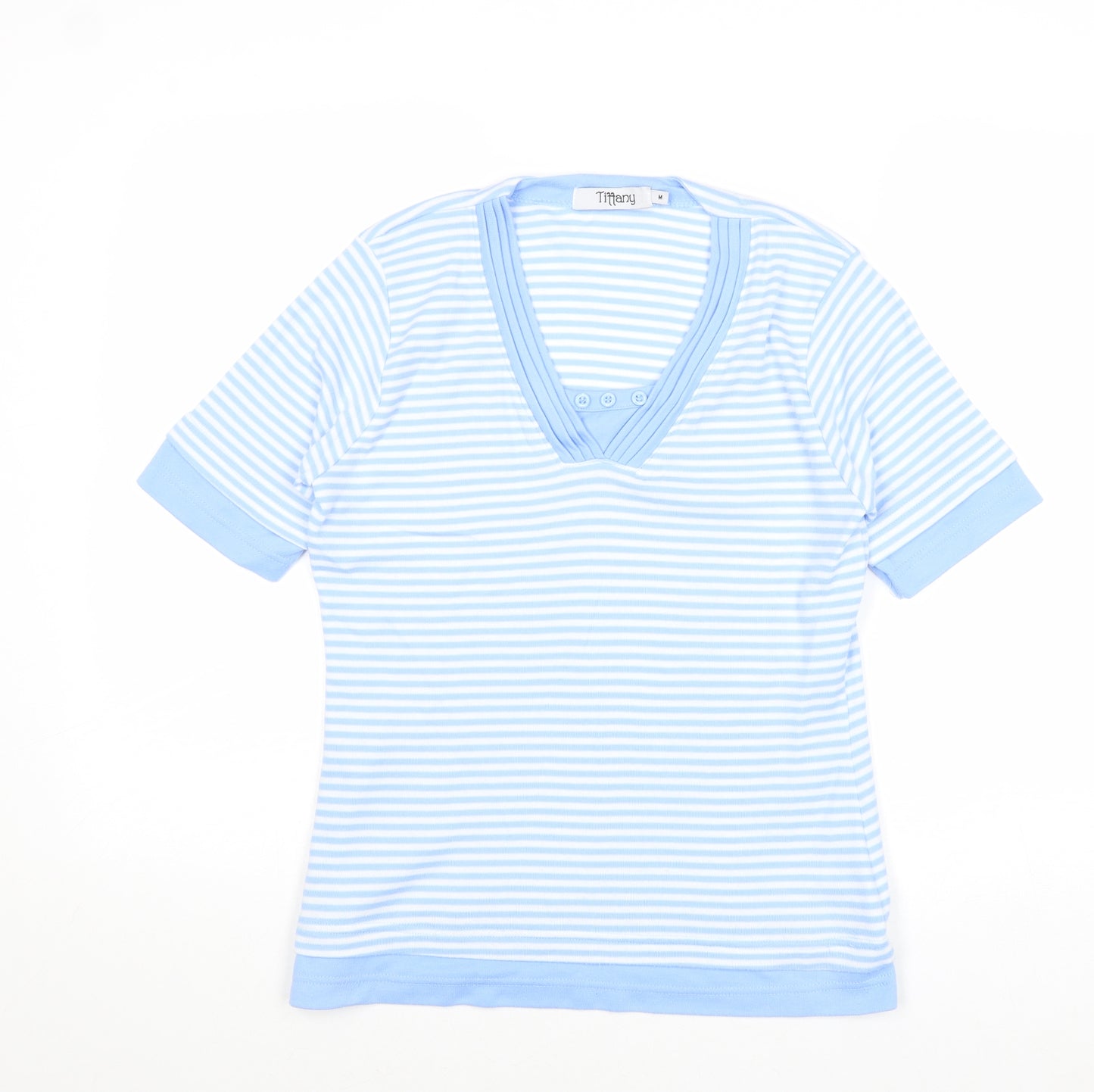 Tiffany Womens Blue Striped Polyester Basic T-Shirt Size M V-Neck