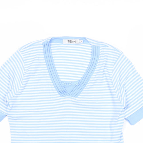 Tiffany Womens Blue Striped Polyester Basic T-Shirt Size M V-Neck