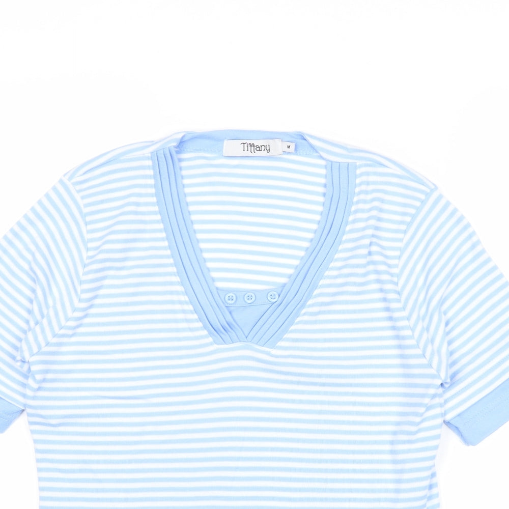 Tiffany Womens Blue Striped Polyester Basic T-Shirt Size M V-Neck