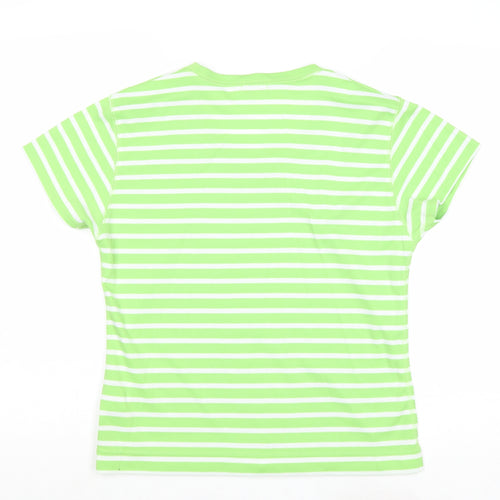 //text.. Womens Green Striped Polyester Basic T-Shirt Size L Round Neck