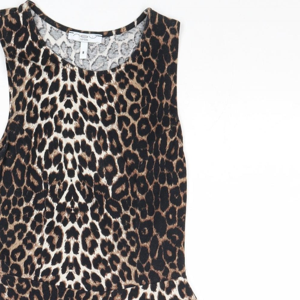 New Look Womens Brown Animal Print Polyester Basic Tank Size 8 Boat Neck - Leopard Print