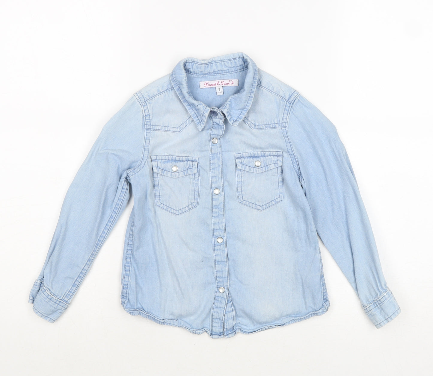 Loved & Found Girls Blue Cotton Basic Button-Up Size 5 Years Collared Snap