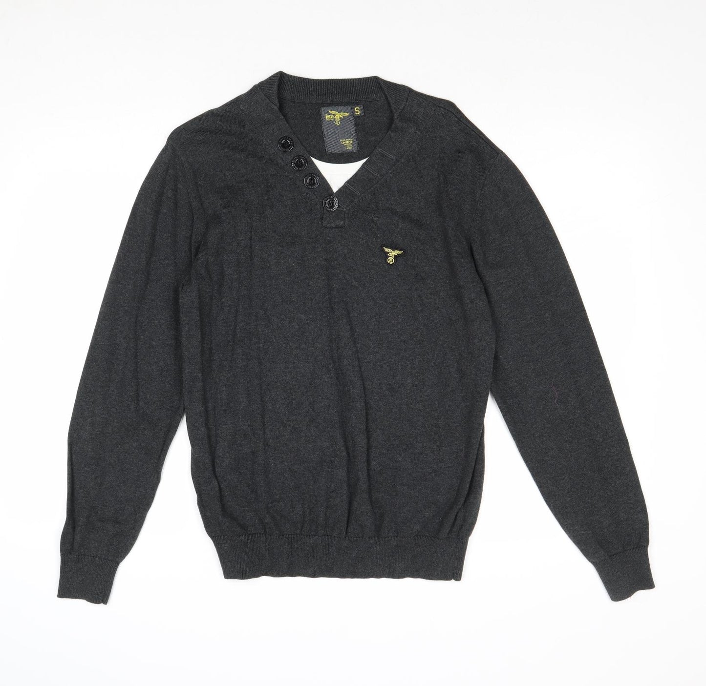 Le Breve Mens Grey V-Neck Cotton Pullover Jumper Size S Long Sleeve