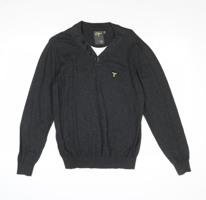 Le Breve Mens Grey V-Neck Cotton Pullover Jumper Size S Long Sleeve