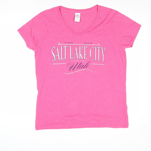 Gildan Womens Pink Cotton Basic T-Shirt Size L V-Neck - Salt Lake City