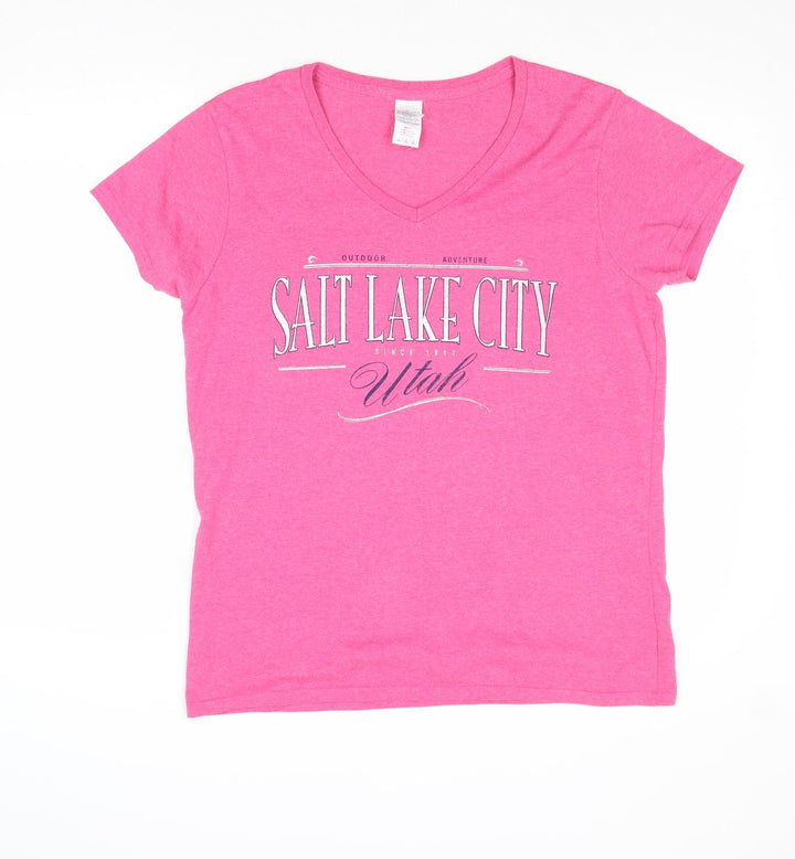 Gildan Womens Pink Cotton Basic T-Shirt Size L V-Neck - Salt Lake City