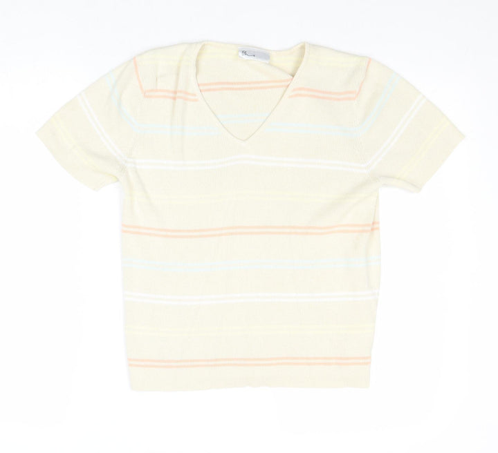 BHS Womens Beige V-Neck Striped Cotton Pullover Jumper Size 14