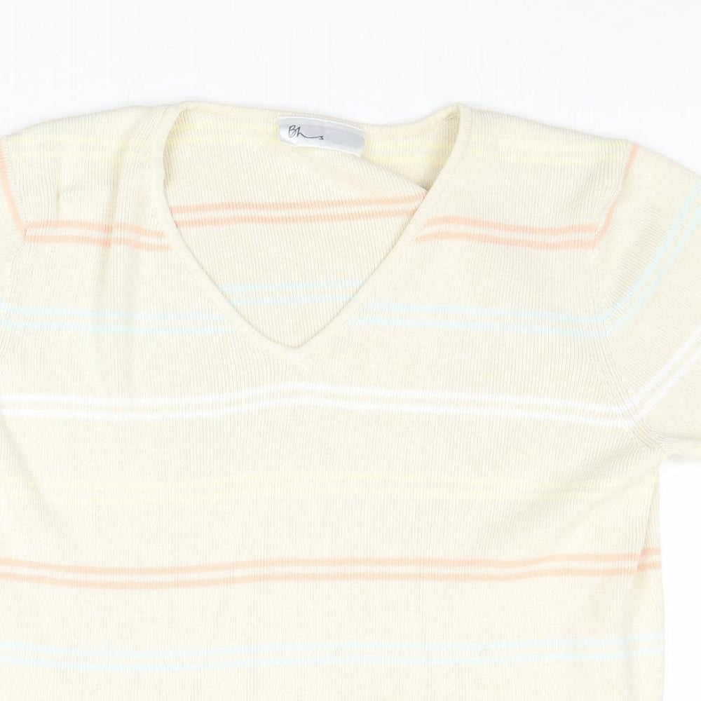 BHS Womens Beige V-Neck Striped Cotton Pullover Jumper Size 14