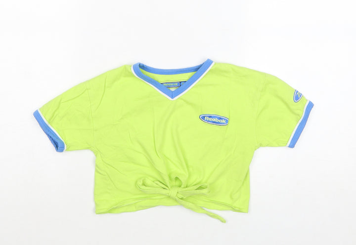 Reebok Girls Green Cotton Cropped T-Shirt Size 3-4 Years V-Neck Pullover