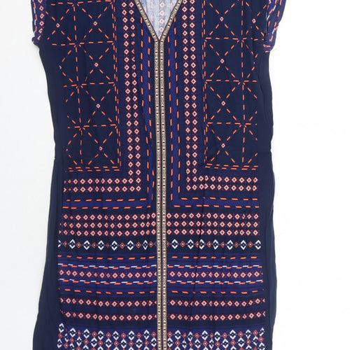 Oasis Womens Blue Geometric Viscose Shift Size M V-Neck Pullover