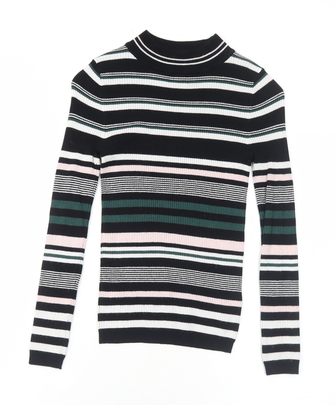New Look Womens Black Mock Neck Striped Viscose Pullover Jumper Size 6