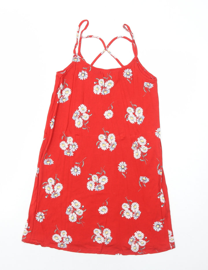 H&M Womens Red Floral Viscose Mini Size 6 Scoop Neck Pullover