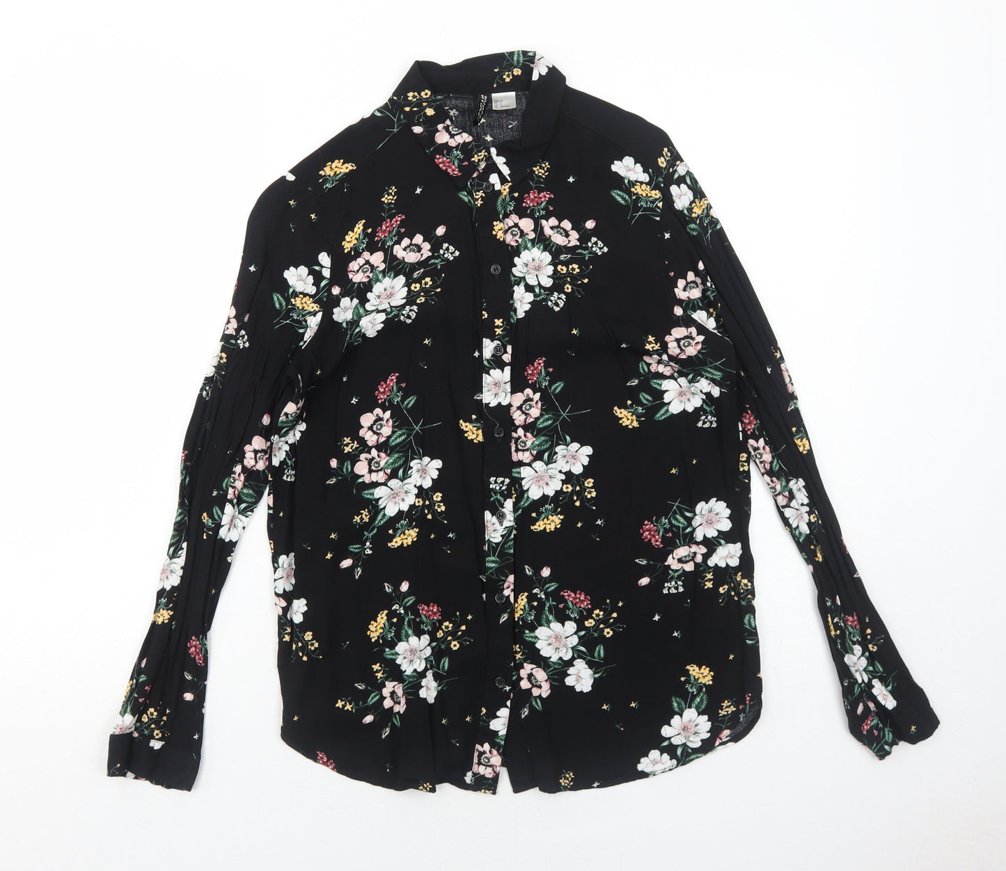 H&M Womens Black Floral Viscose Basic Button-Up Size 6 Collared
