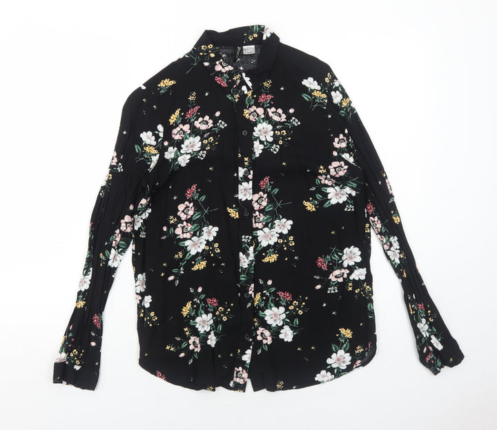 H&M Womens Black Floral Viscose Basic Button-Up Size 6 Collared