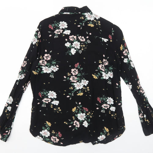 H&M Womens Black Floral Viscose Basic Button-Up Size 6 Collared