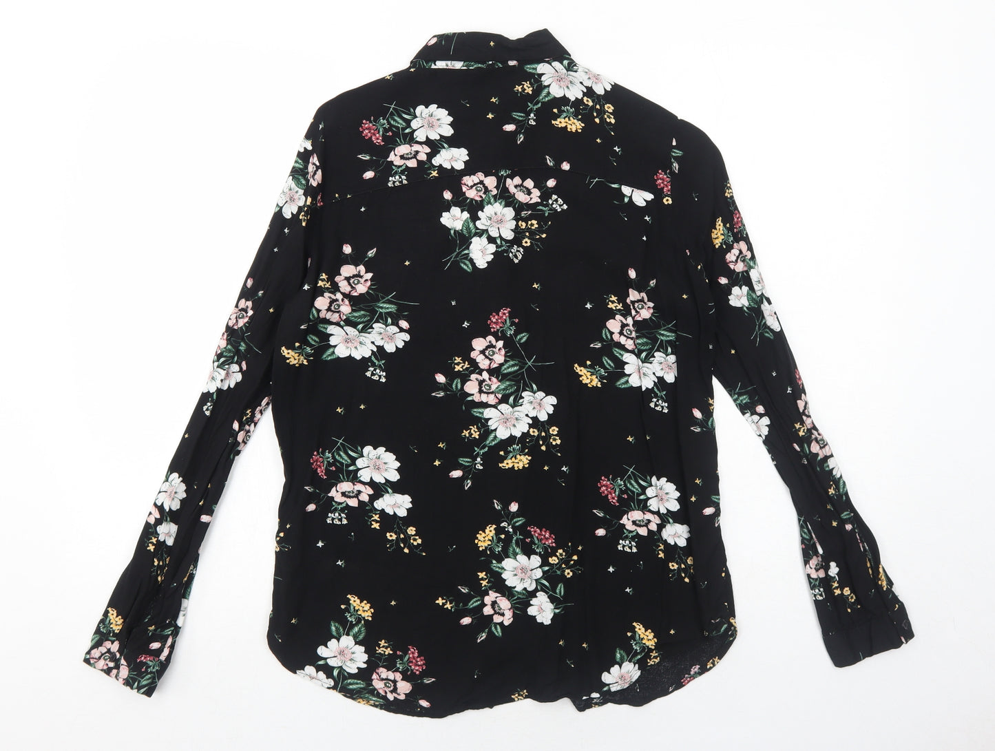 H&M Womens Black Floral Viscose Basic Button-Up Size 6 Collared