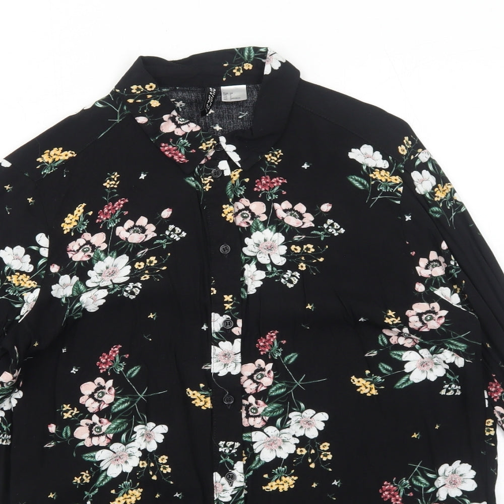 H&M Womens Black Floral Viscose Basic Button-Up Size 6 Collared