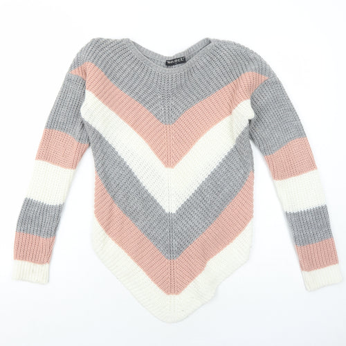 Select Womens Grey Round Neck Striped Acrylic Pullover Jumper Size S