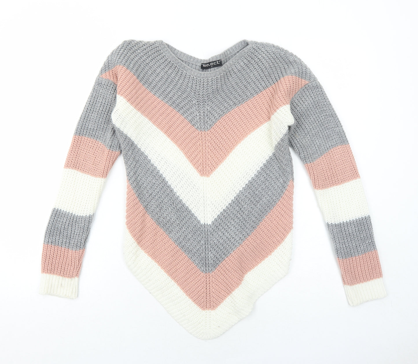Select Womens Grey Round Neck Striped Acrylic Pullover Jumper Size S