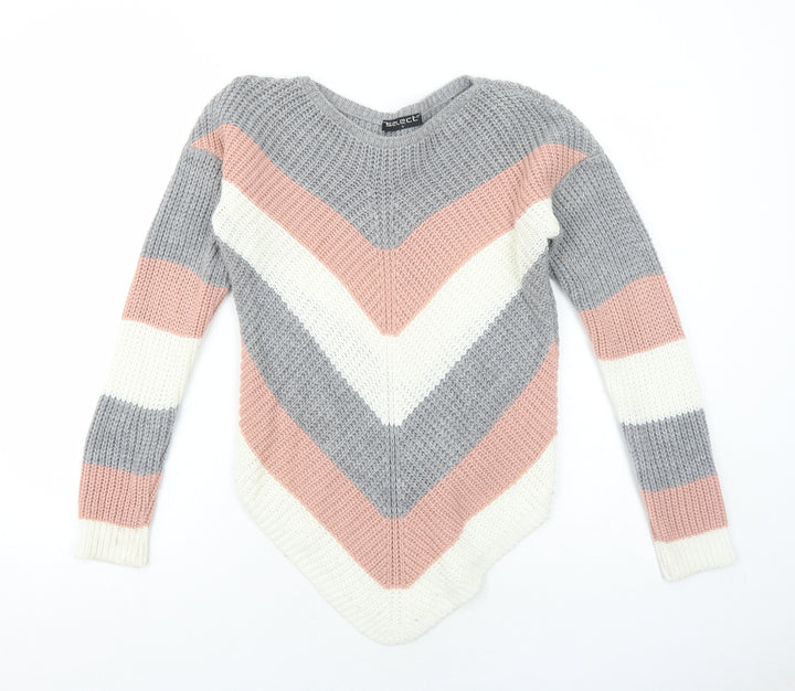 Select Womens Grey Round Neck Striped Acrylic Pullover Jumper Size S