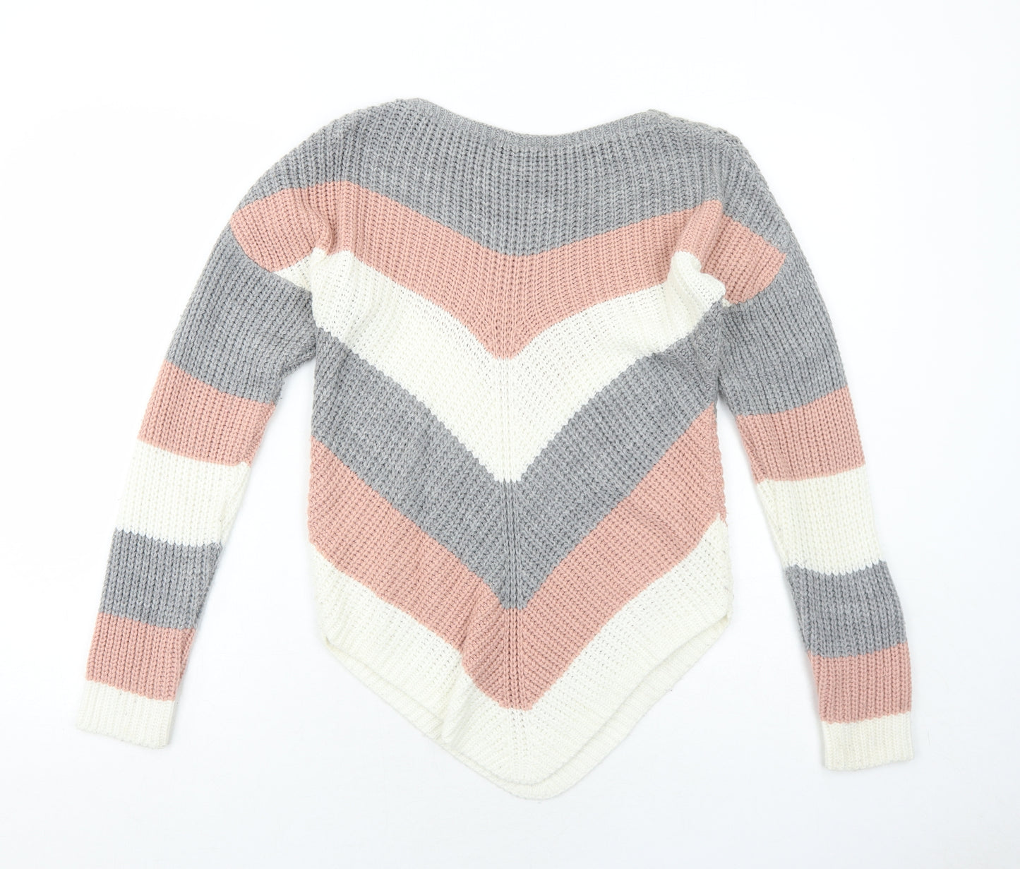 Select Womens Grey Round Neck Striped Acrylic Pullover Jumper Size S