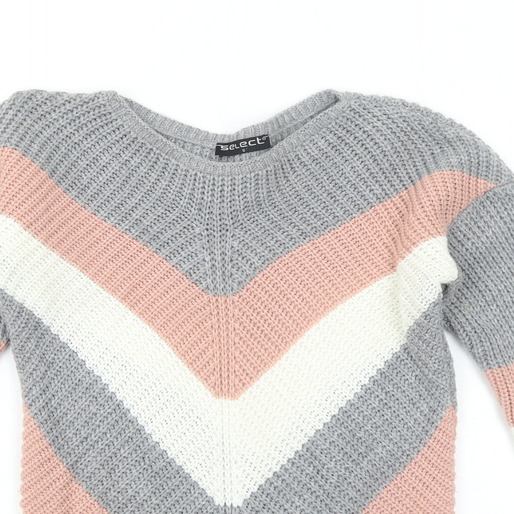 Select Womens Grey Round Neck Striped Acrylic Pullover Jumper Size S