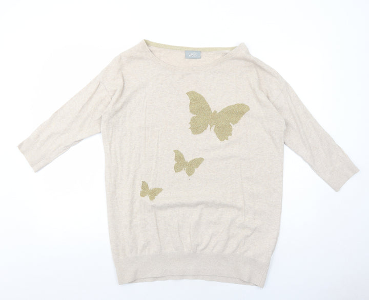 Wallis Womens Beige Round Neck Cotton Pullover Jumper Size M - Butterfly