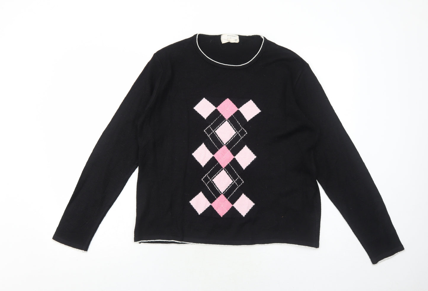 Merien Hall Womens Black Round Neck Argyle/Diamond Acrylic Pullover Jumper Size L