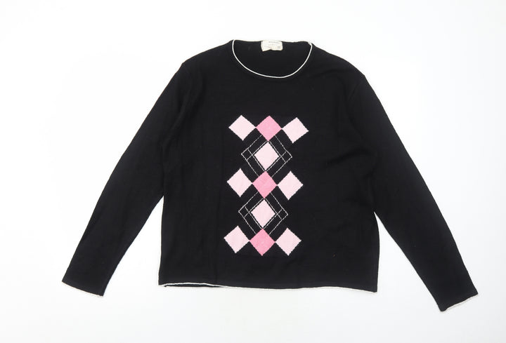 Merien Hall Womens Black Round Neck Argyle/Diamond Acrylic Pullover Jumper Size L