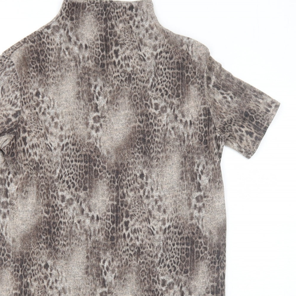 Select Womens Brown Animal Print Polyester A-Line Size 8 High Neck Pullover - Leopard Pattern
