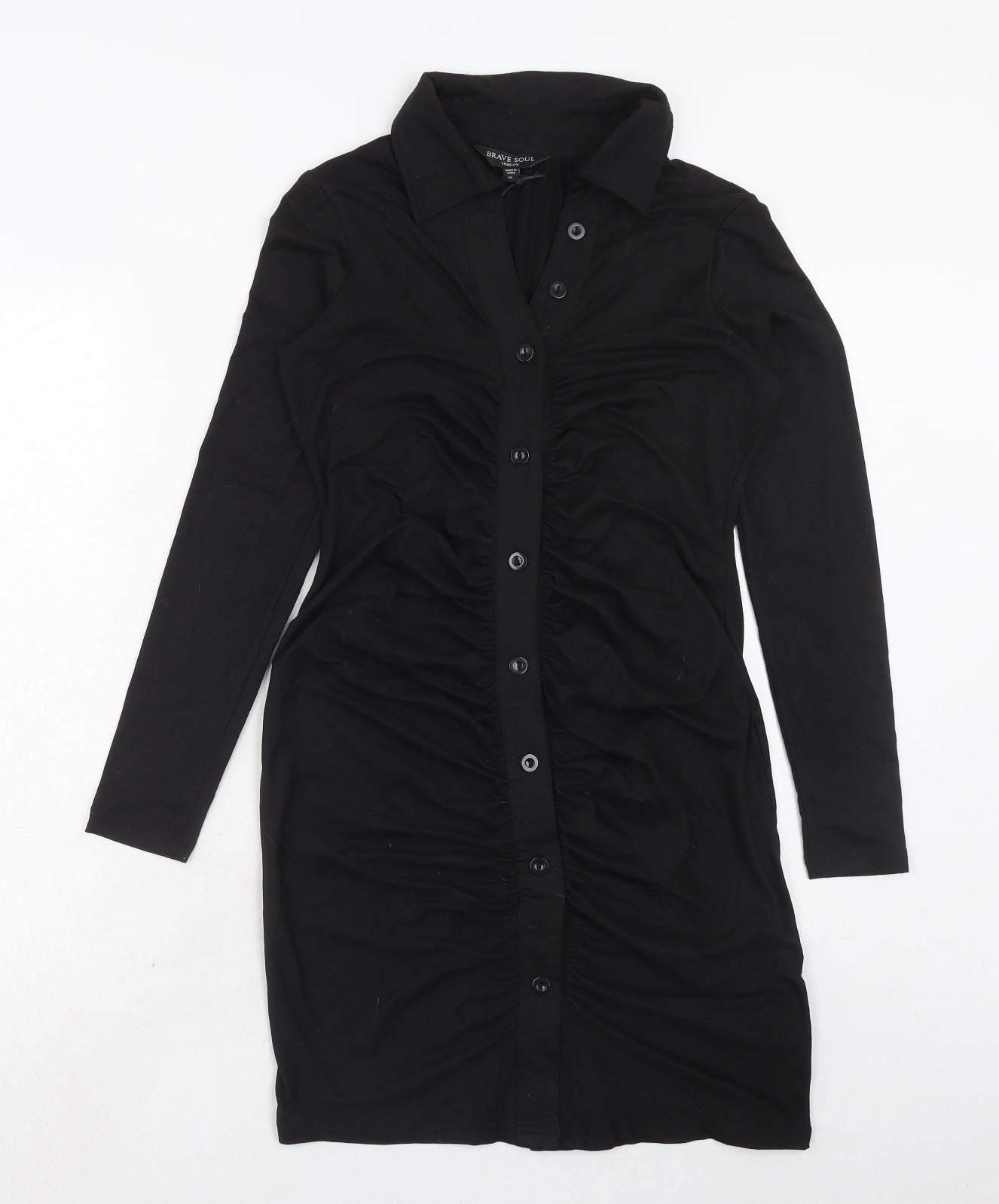 Brave Soul Womens Black Polyester Shirt Dress Size M Collared Button