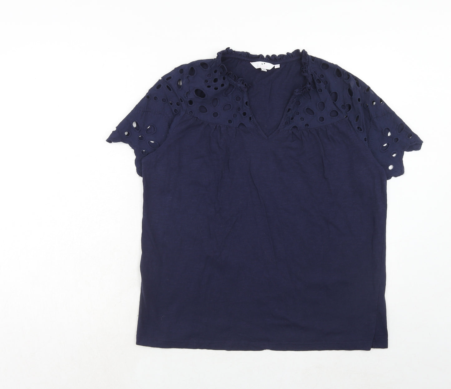 Julipa Womens Blue Cotton Basic Blouse Size 12 V-Neck - Broderie Anglaise