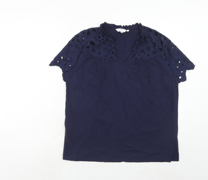 Julipa Womens Blue Cotton Basic Blouse Size 12 V-Neck - Broderie Anglaise