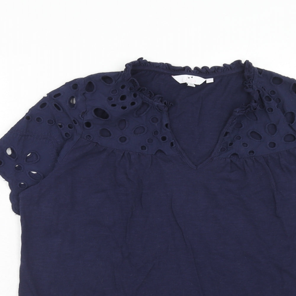 Julipa Womens Blue Cotton Basic Blouse Size 12 V-Neck - Broderie Anglaise