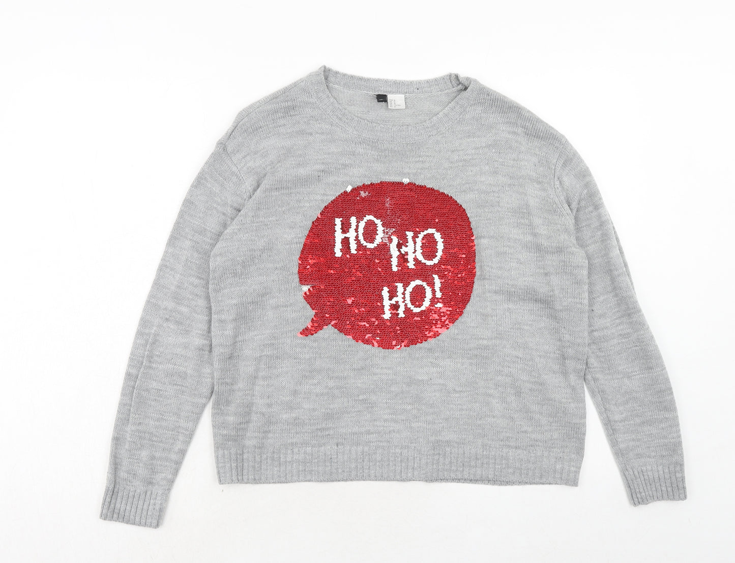 H&M Womens Grey Round Neck Acrylic Pullover Jumper Size M - HO HO HO Revisable Sequin