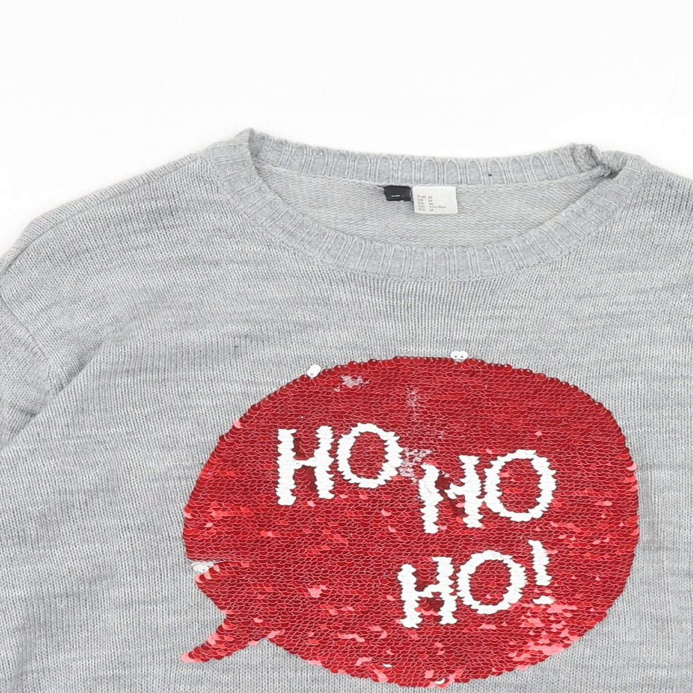 H&M Womens Grey Round Neck Acrylic Pullover Jumper Size M - HO HO HO Revisable Sequin