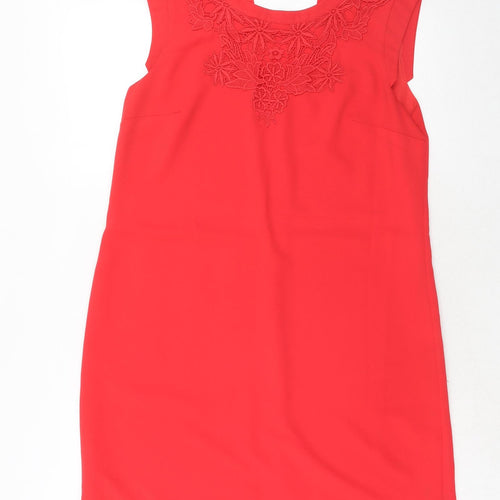 Oasis Womens Red Polyester Shift Size 12 Boat Neck Button - Crocheted Lace Detail