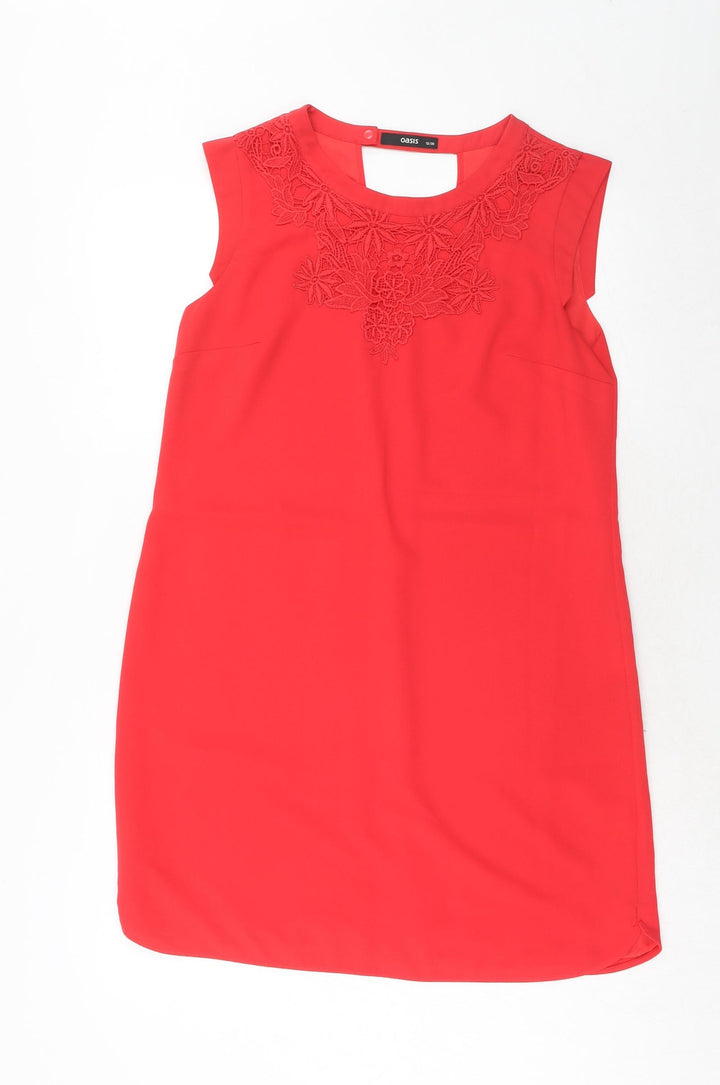 Oasis Womens Red Polyester Shift Size 12 Boat Neck Button - Crocheted Lace Detail