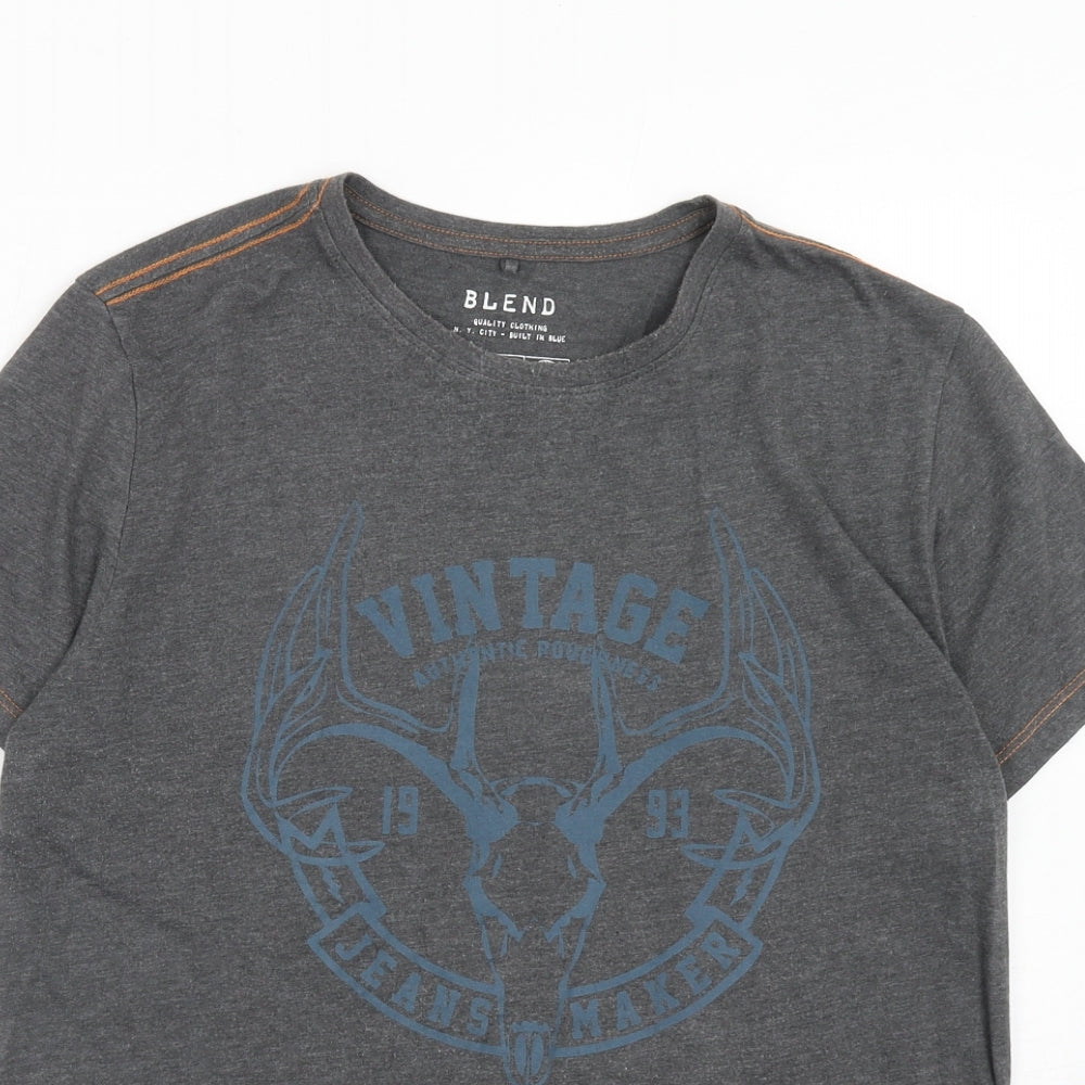 Blend Mens Grey Cotton T-Shirt Size L Crew Neck